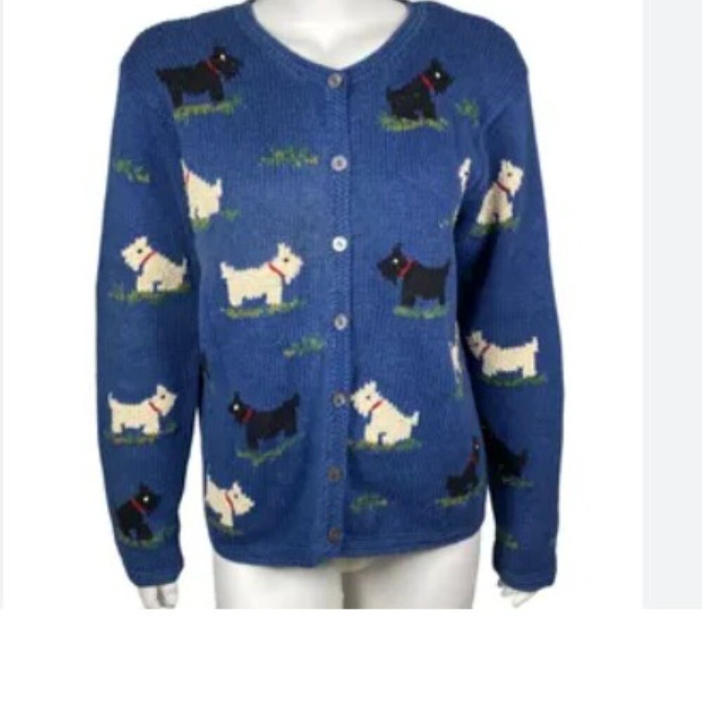 Talbots Vintage Blue Holiday Scottie  Cardigan Large